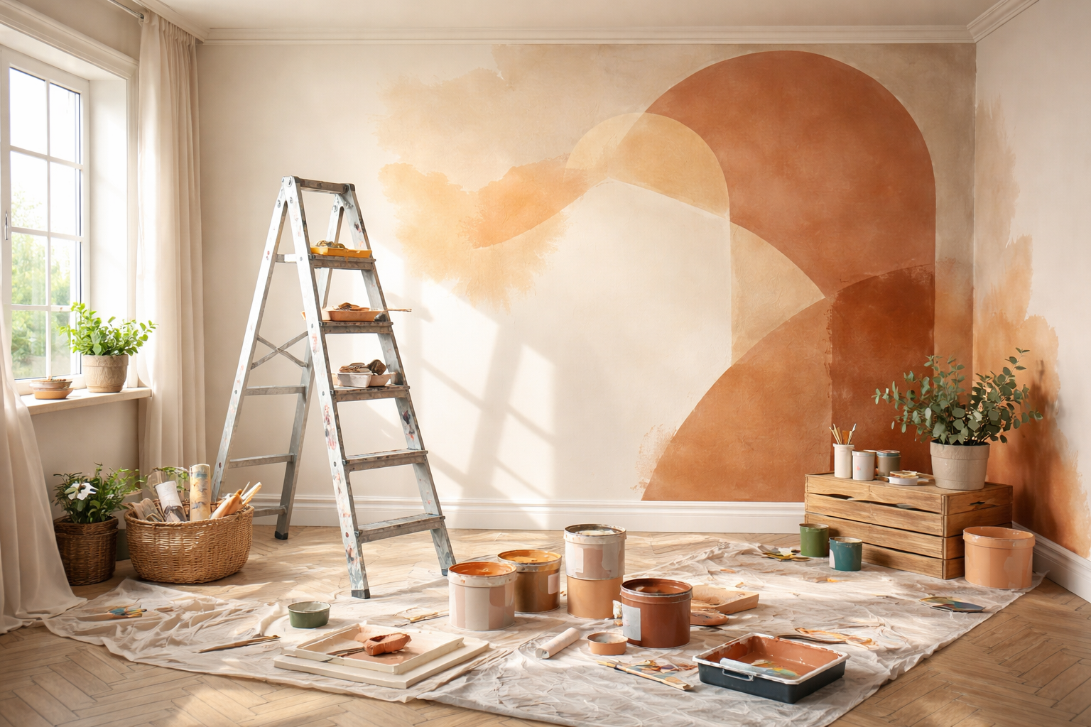 Une pièce en rénovation avec une échelle et du matériel de peinture sur une bâche, ornée d'une fresque.