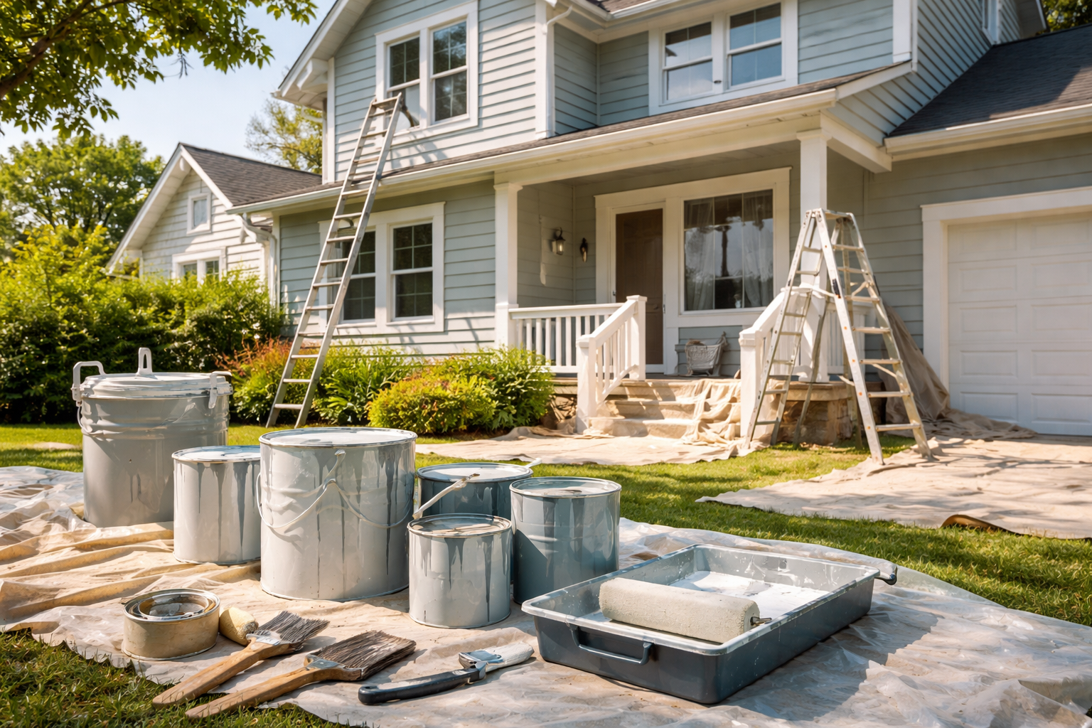 Extérieur d'une maison bleu clair avec des échelles, des seaux de peinture.