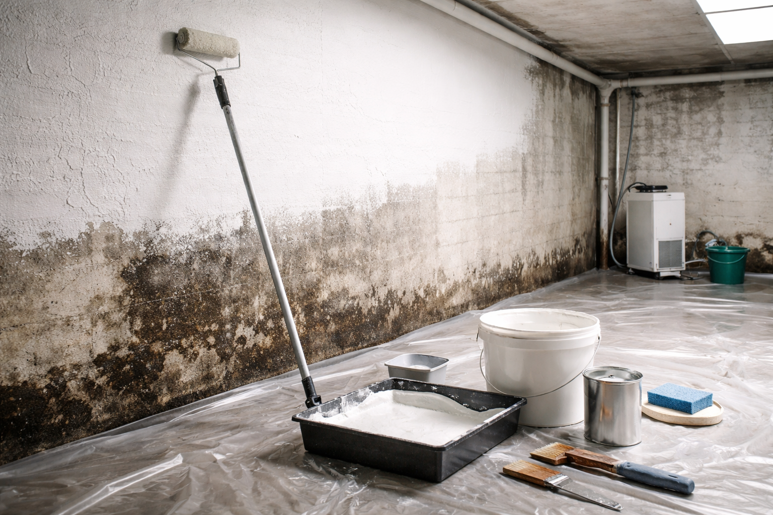 On utilise un rouleau à peinture pour recouvrir de peinture blanche les murs humides et tachés du sous-sol, le matériel.