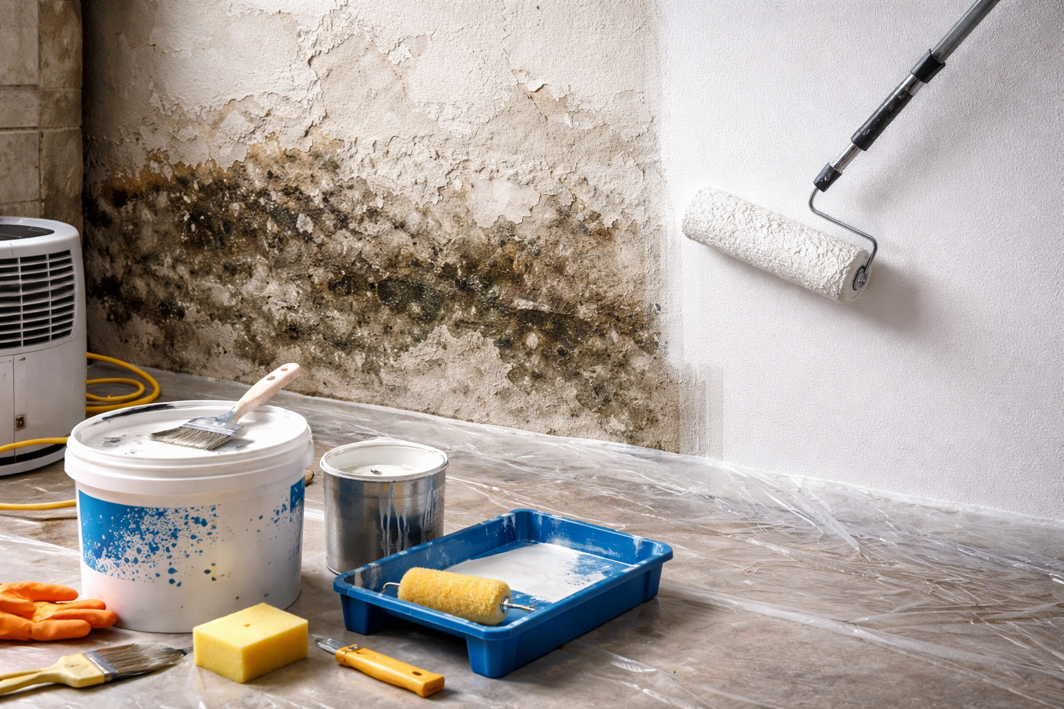 Une personne repeint un mur recouvert de moisissures sombres avec de la peinture blanche.