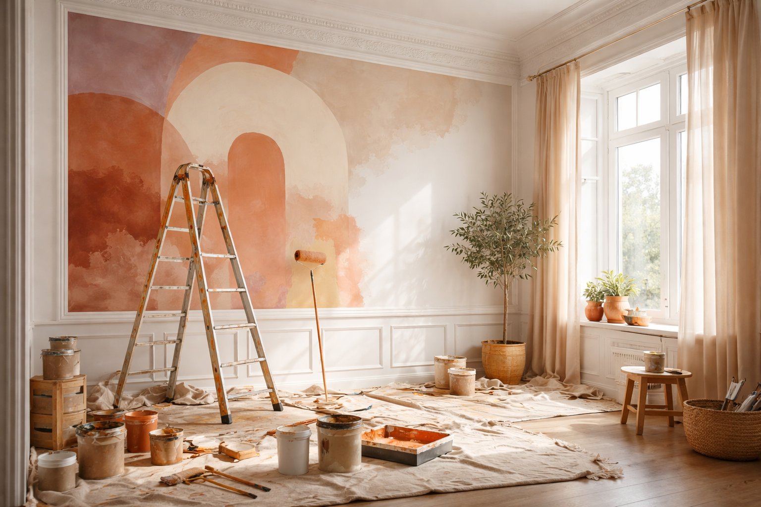 Une pièce en cours de rénovation avec une fresque murale abstraite à l'aquarelle aux tons chauds.