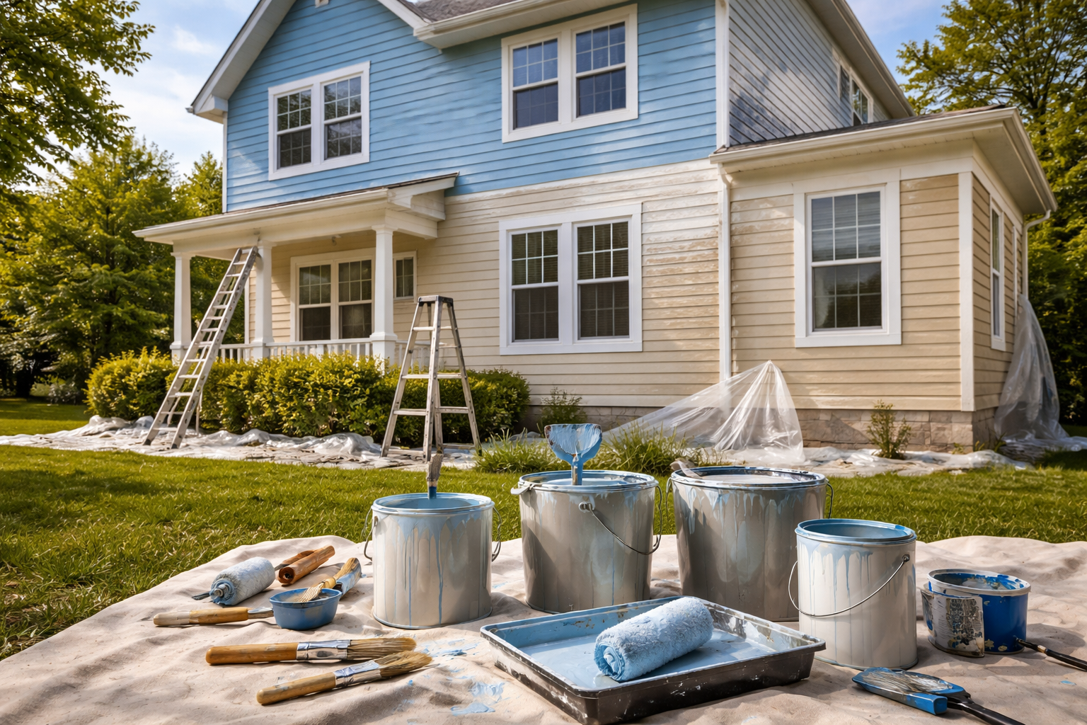 Une maison à deux étages en cours de peinture bleue, avec des pots de peinture.