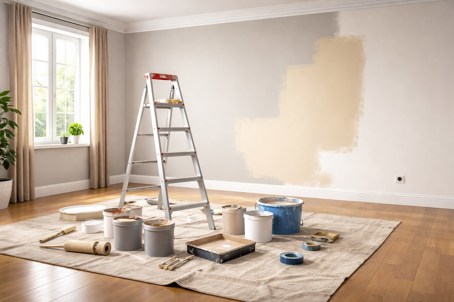 Dans une pièce dont un mur beige est partiellement peint, un escabeau et du matériel de peinture sont posés sur une bâche.