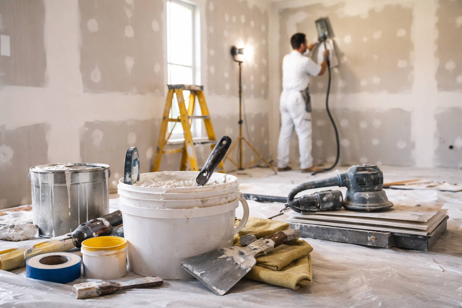 Un ouvrier en combinaison blanche utilise une ponceuse sur un mur recouvert de plaques de plâtre.