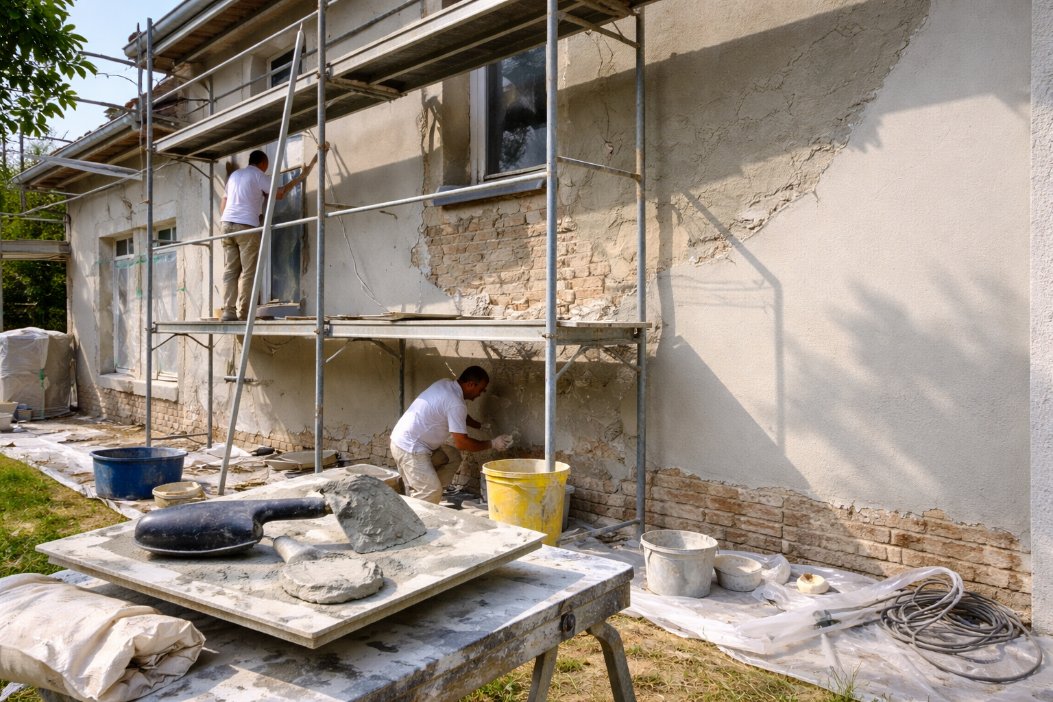 Deux ouvriers réparent le mur extérieur en pierre d'un bâtiment, debout sur un échafaudage et au niveau du sol.