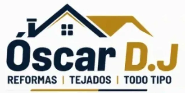 Logo de Óscar D.J con casa azul y dorada; texto “Reformas | Tejados | Todo Tipo”