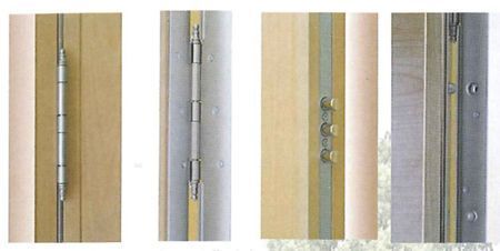 Se muestran cuatro tipos diferentes de bisagras de puerta sobre un fondo blanco.