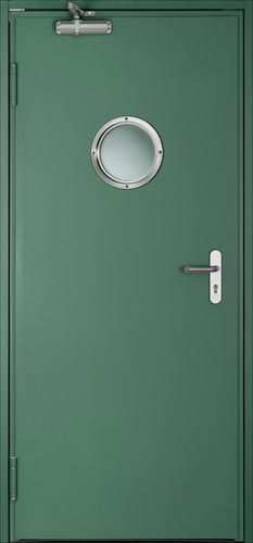 Una puerta verde con una ventana redonda.