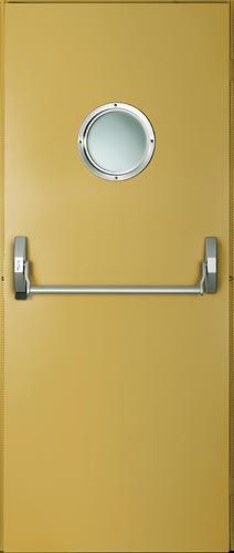 Una puerta amarilla con una ventana redonda y una barra antipánico.