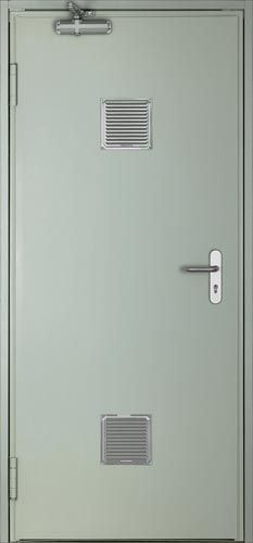 Una puerta blanca con una manija y dos rejillas de ventilación.