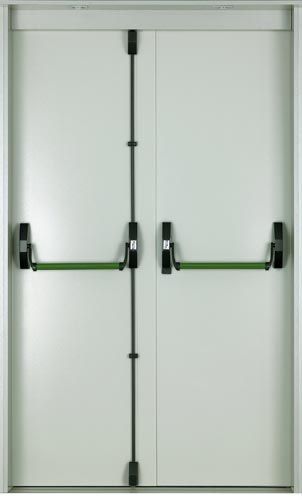 Un par de puertas blancas con manijas verdes sobre un fondo blanco.