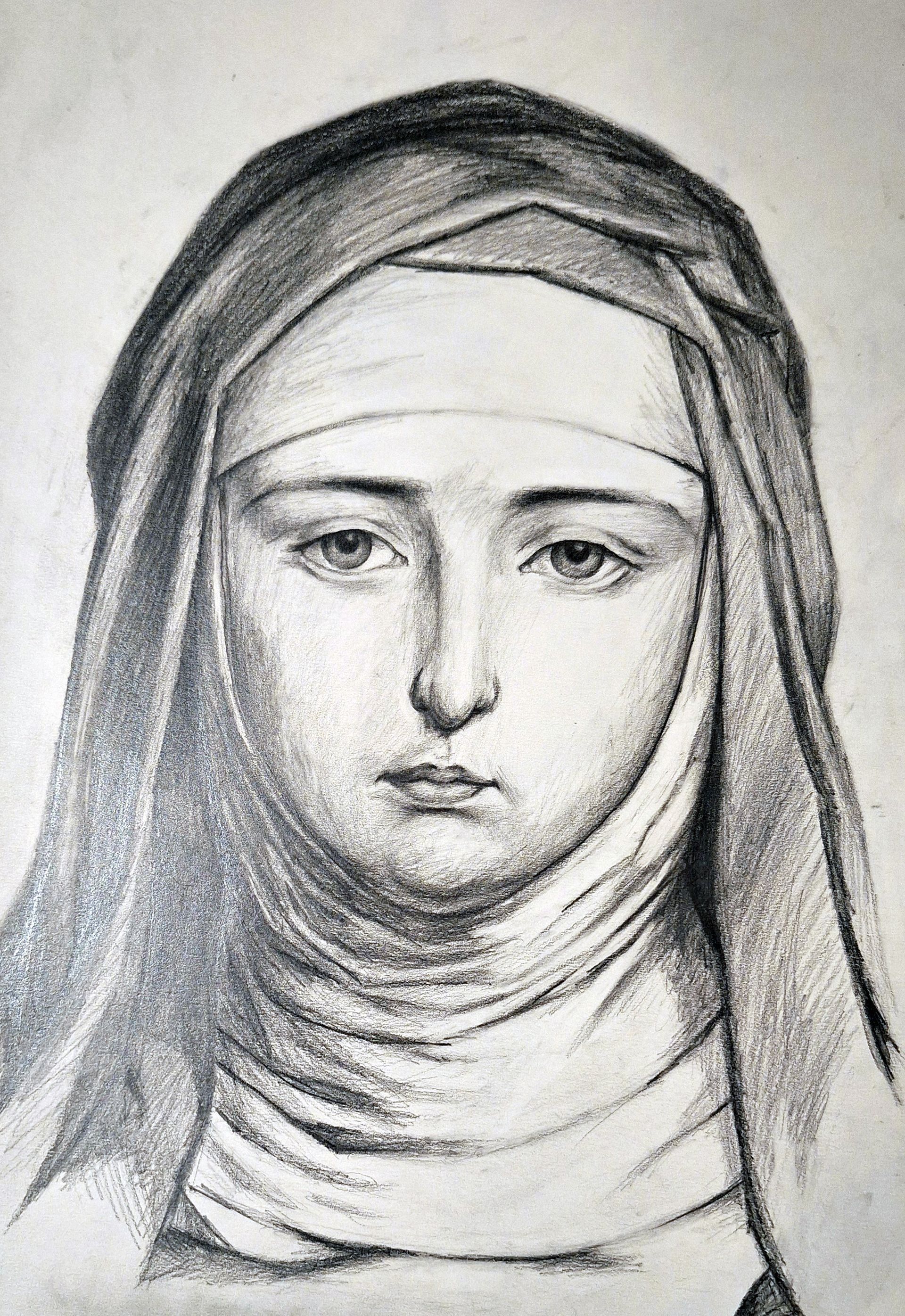 Un dibujo en blanco y negro de una monja con un pañuelo alrededor de la cabeza.