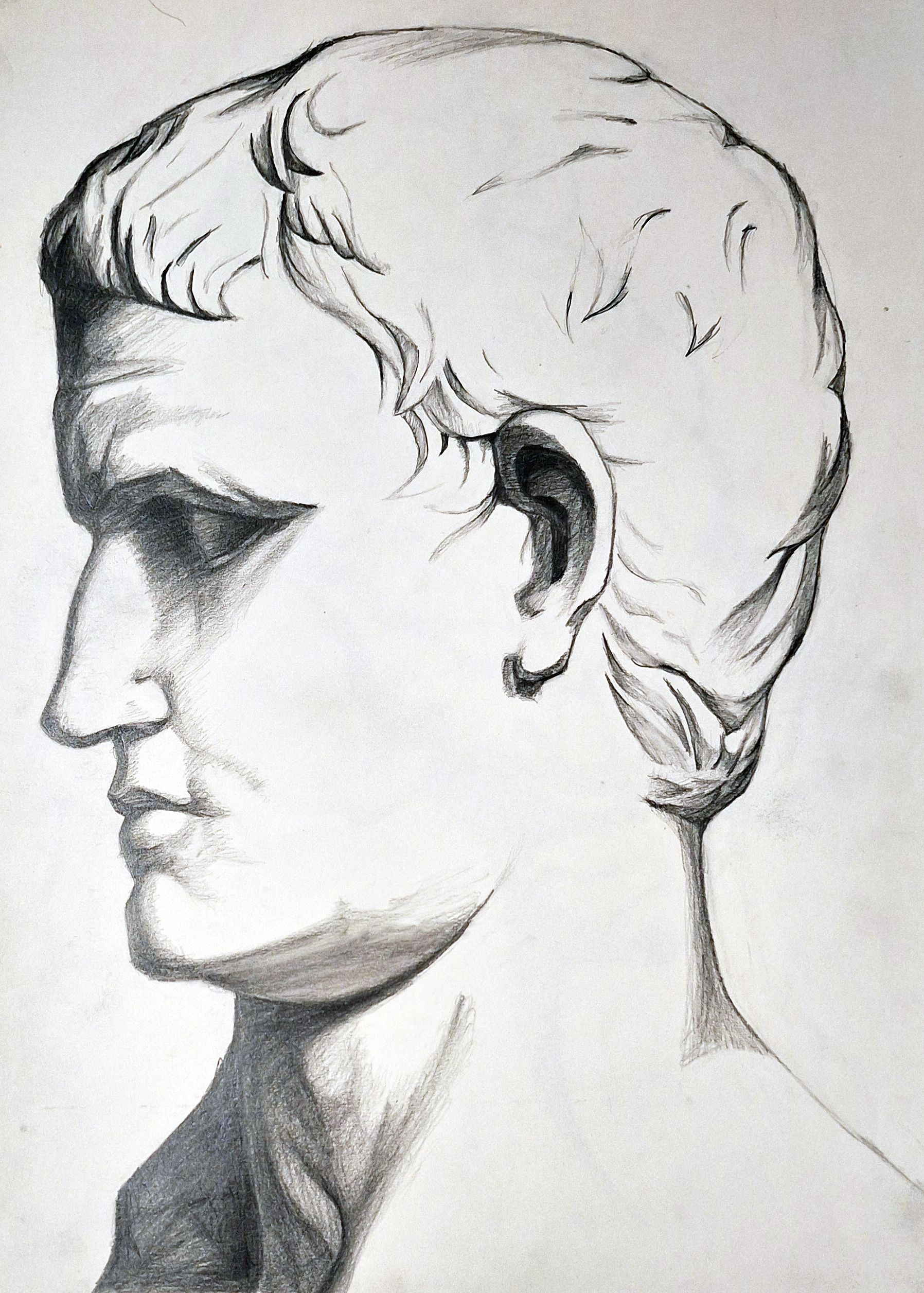 Un dibujo en blanco y negro de la cabeza de un hombre.