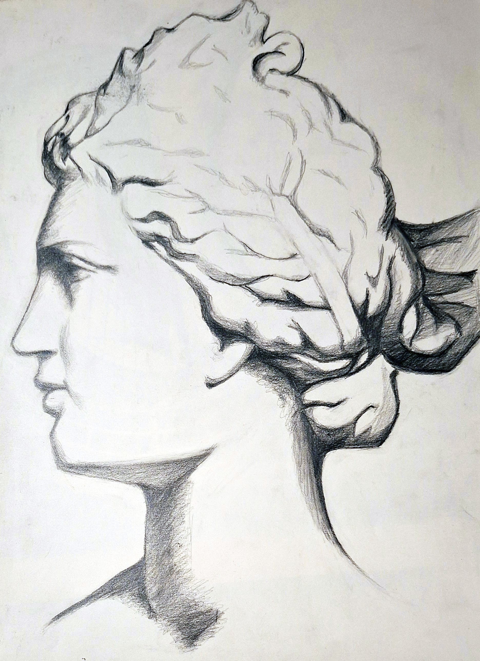 Un dibujo en blanco y negro de la cabeza de una mujer.