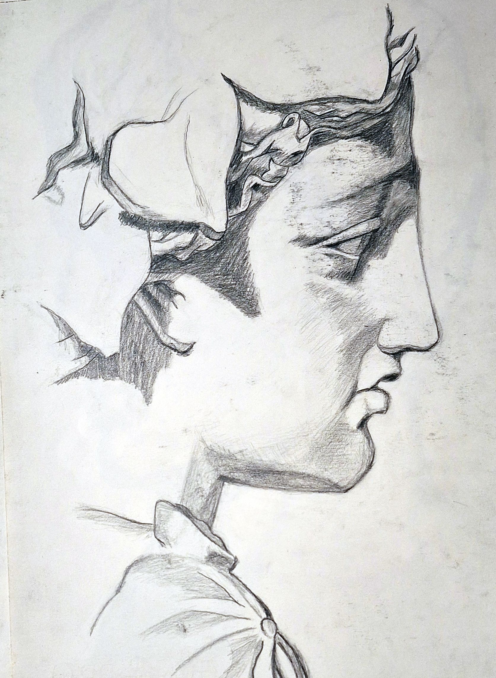 Un dibujo en blanco y negro de un hombre con una corona en la cabeza.