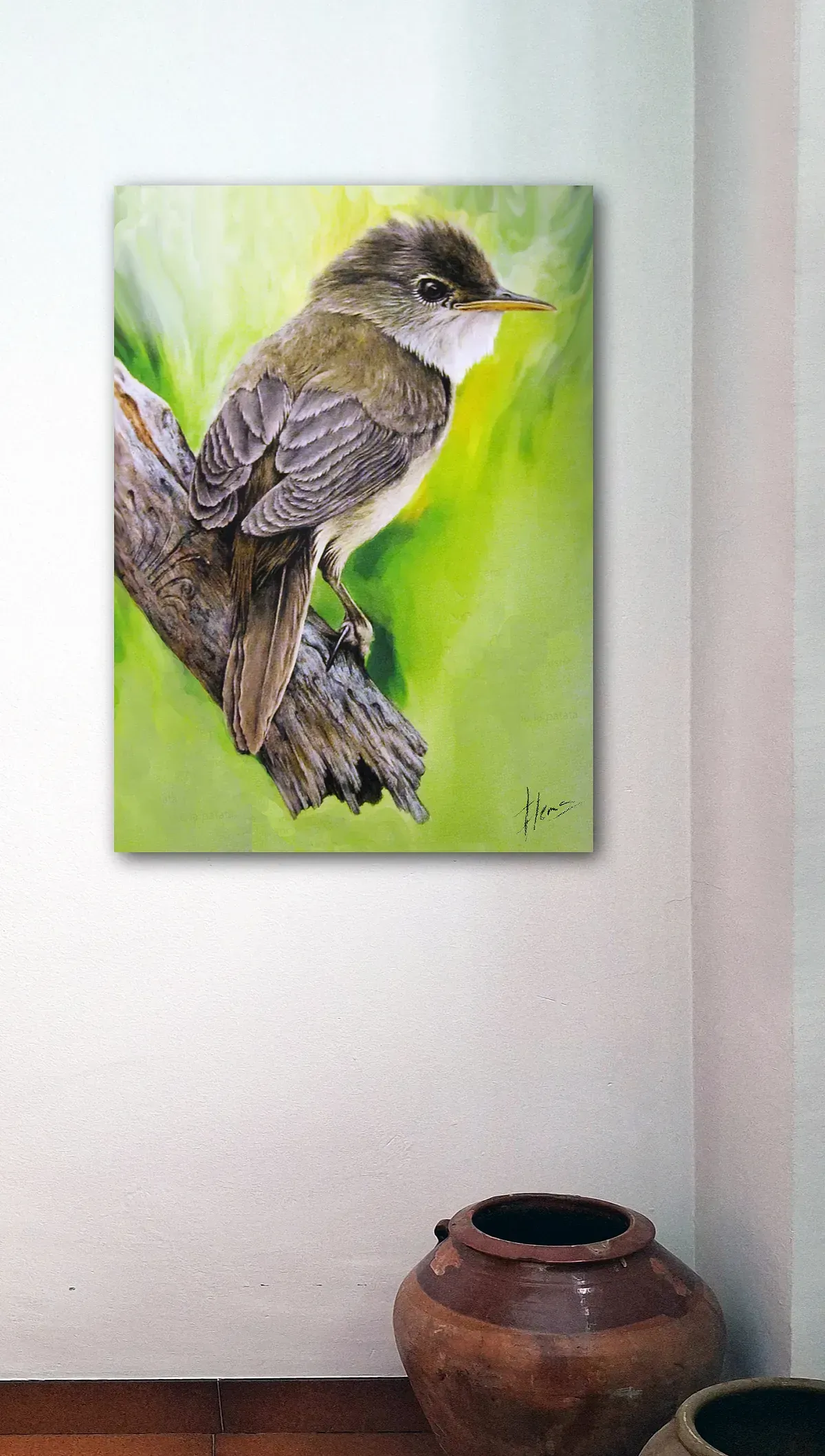 Un cuadro de un pájaro posado en una rama en una pared.