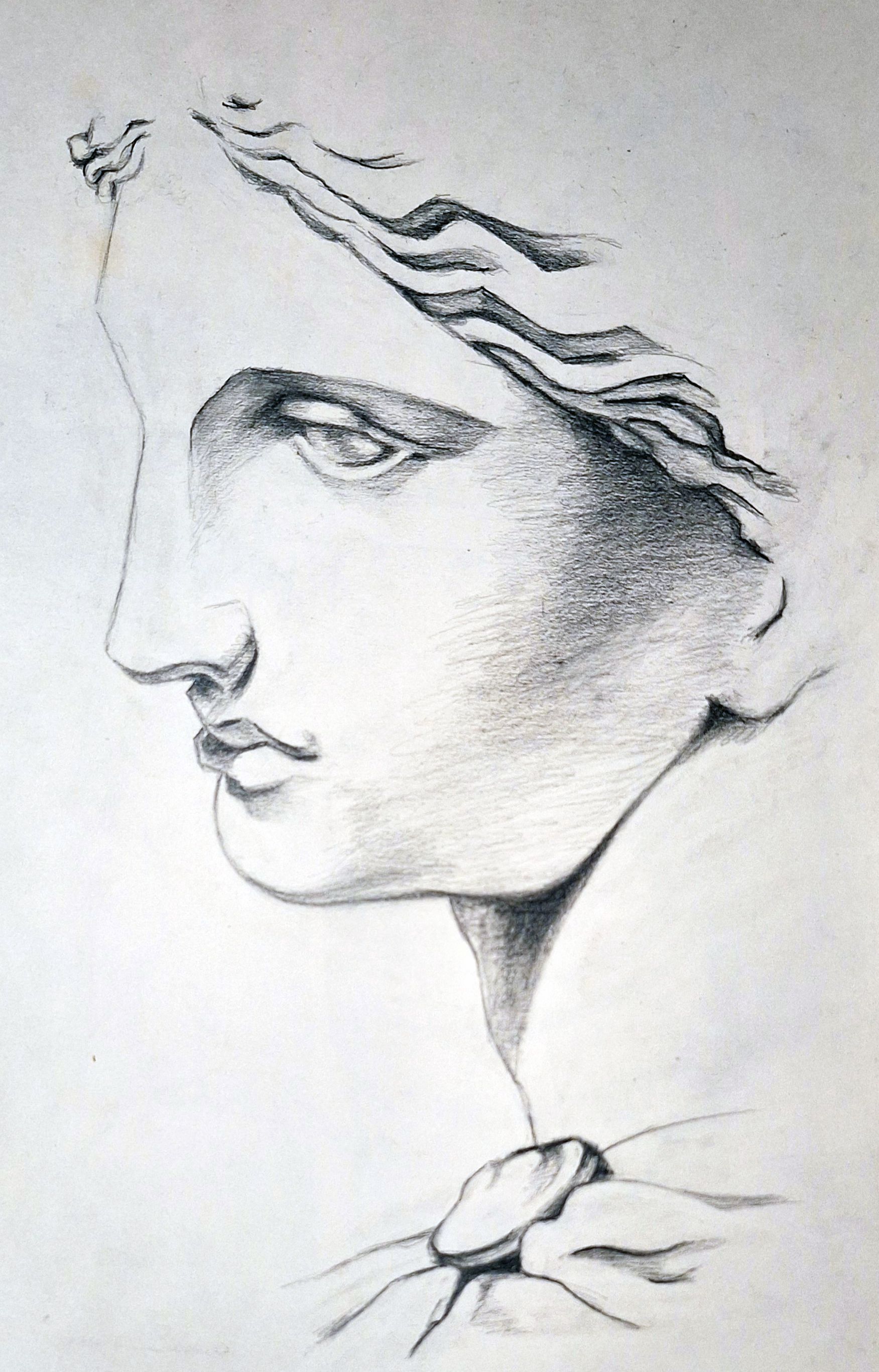 Un dibujo en blanco y negro del rostro de una mujer.