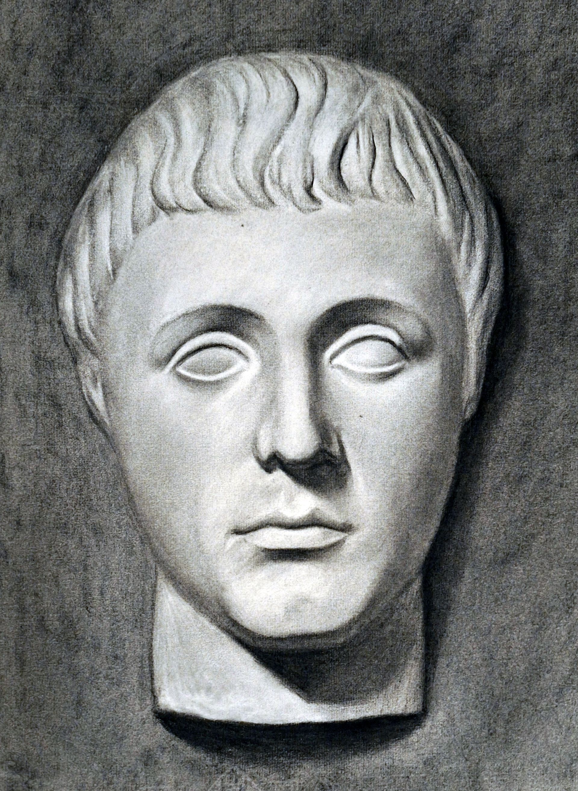 Un dibujo en blanco y negro de una estatua de la cabeza de un hombre.