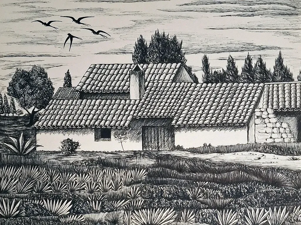 Un dibujo en blanco y negro de una casa con techo de tejas.