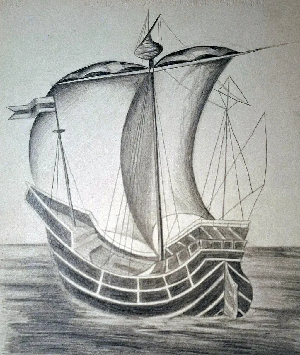 Un dibujo en blanco y negro de un velero en el océano.