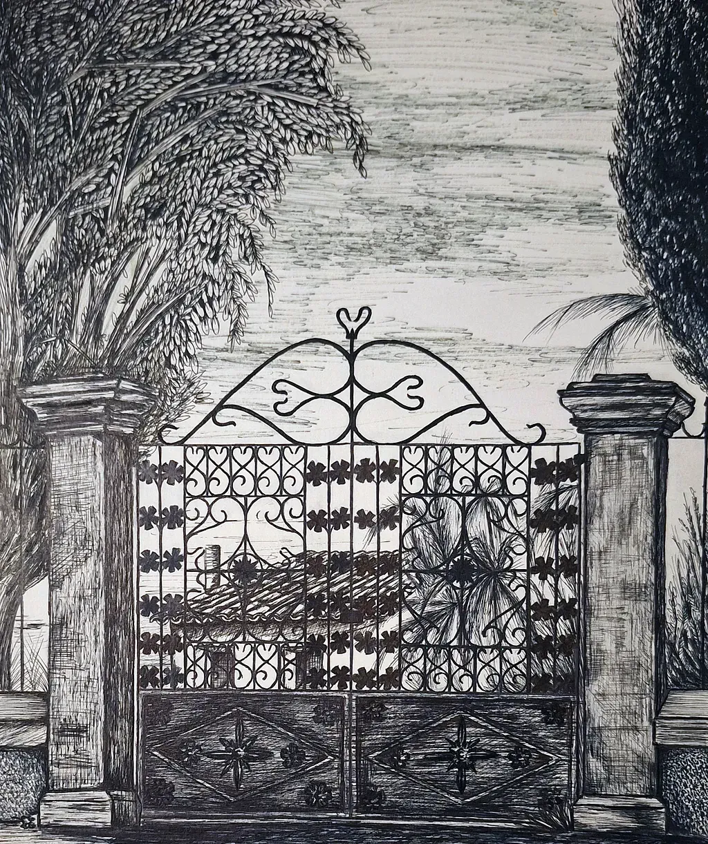 Un dibujo en blanco y negro de una puerta de hierro forjado.