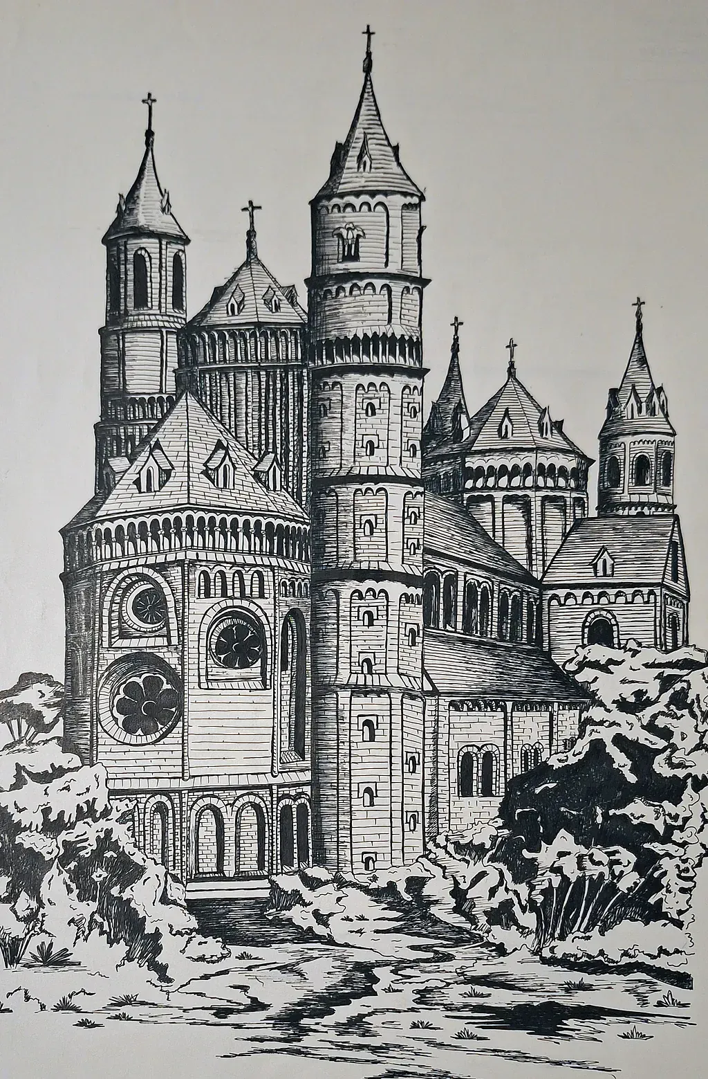 Un dibujo en blanco y negro de un gran castillo.