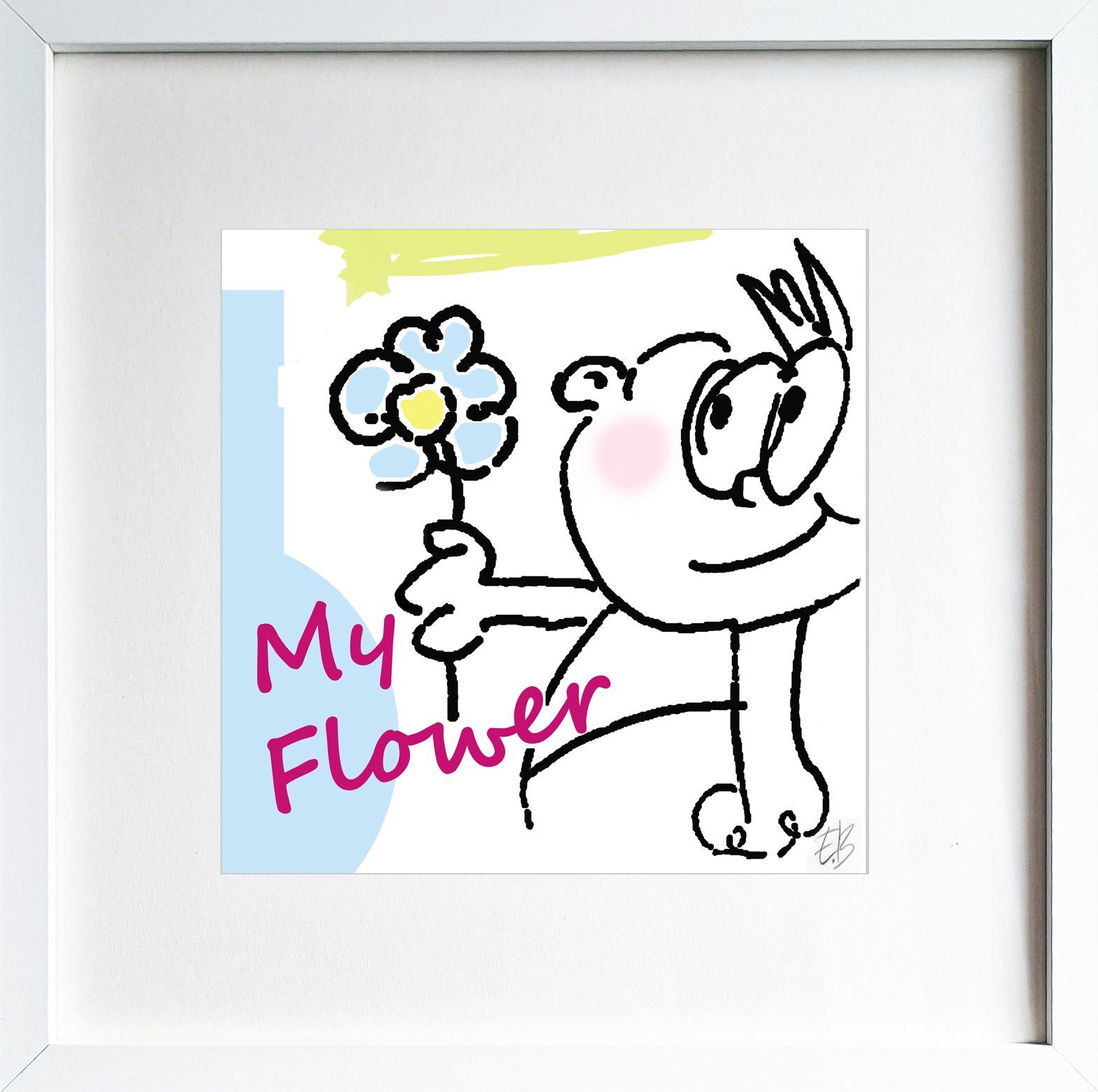 Un dibujo de un perro sosteniendo una flor con las palabras 