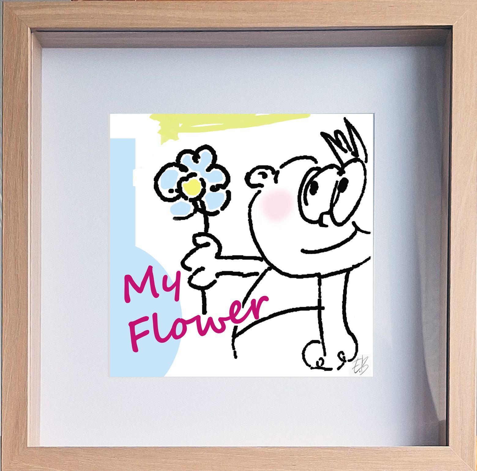 Una imagen de un personaje de dibujos animados sosteniendo una flor con las palabras 