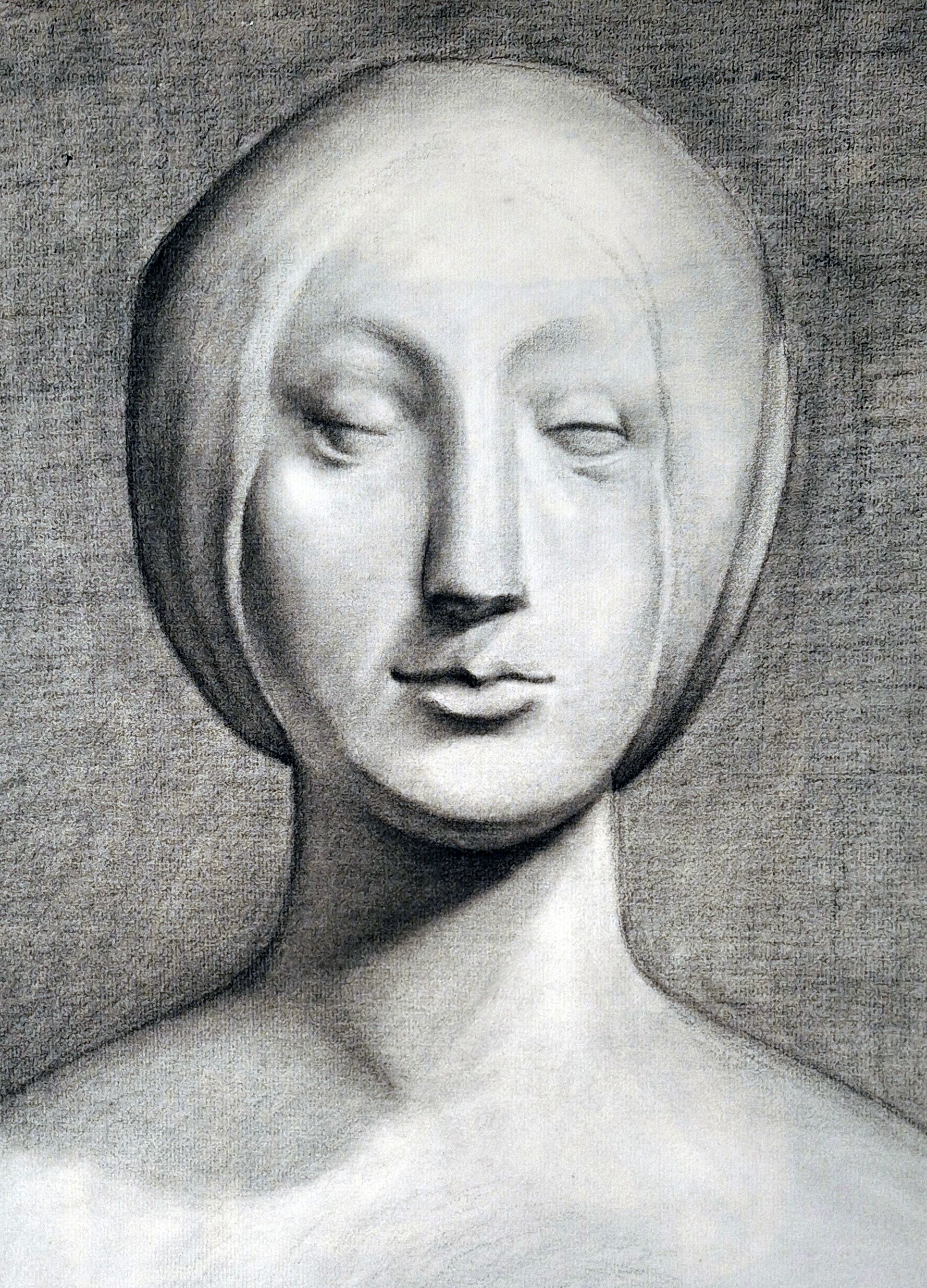 Un dibujo en blanco y negro del rostro de una mujer con los ojos cerrados.