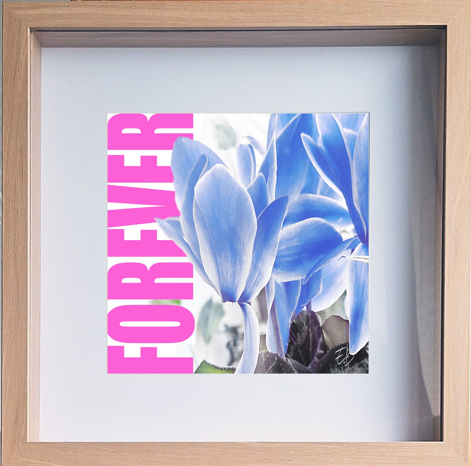 Una imagen de flores azules con la palabra para siempre en rosa.