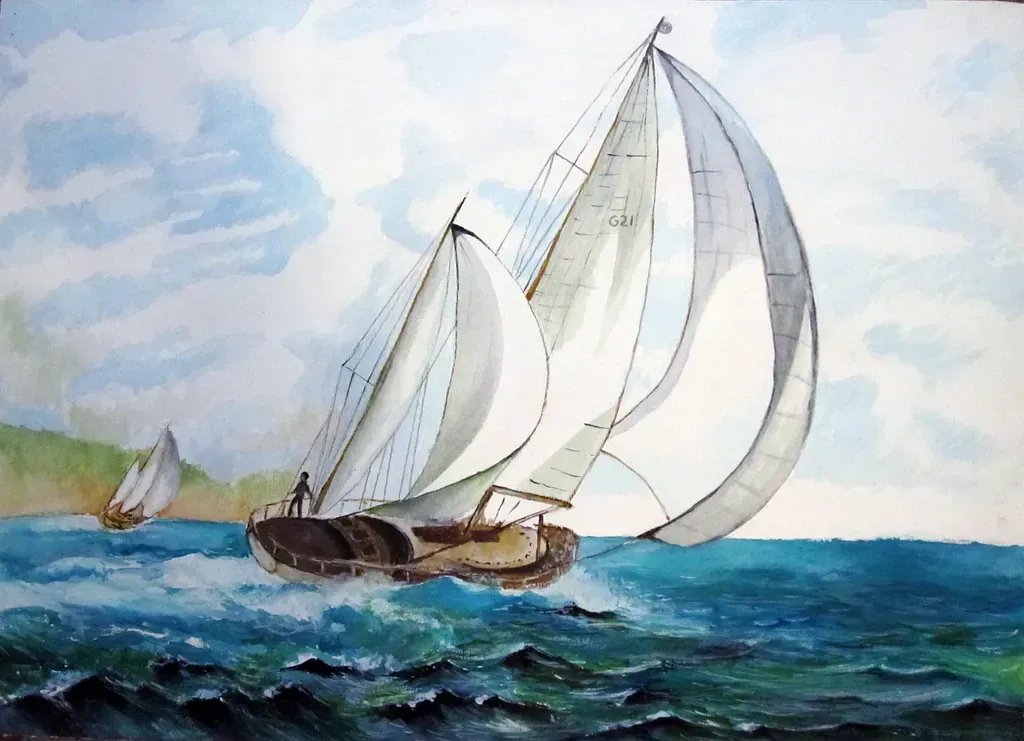Una pintura de un velero en el océano