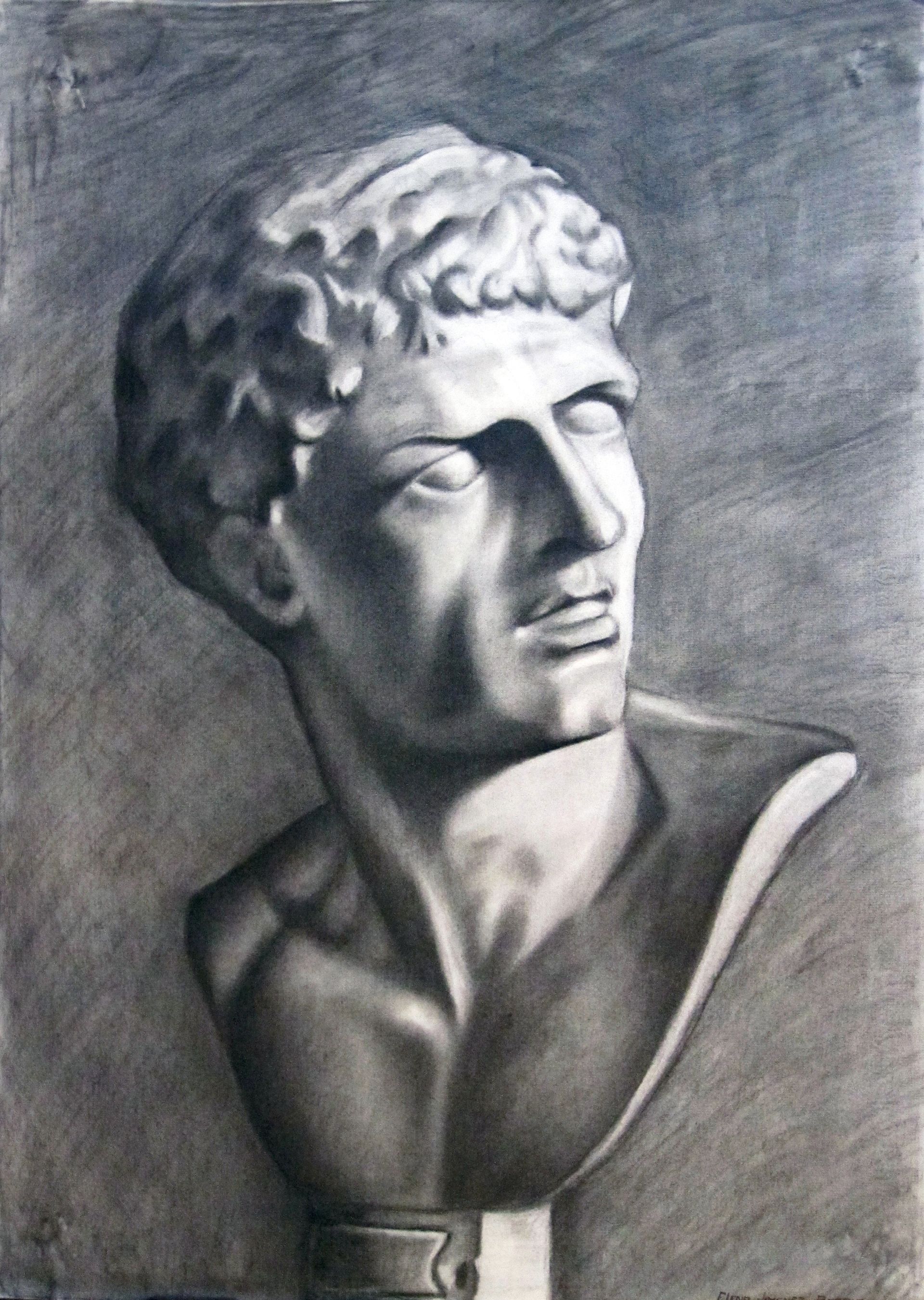 Un dibujo en blanco y negro de una estatua de la cabeza de un hombre.