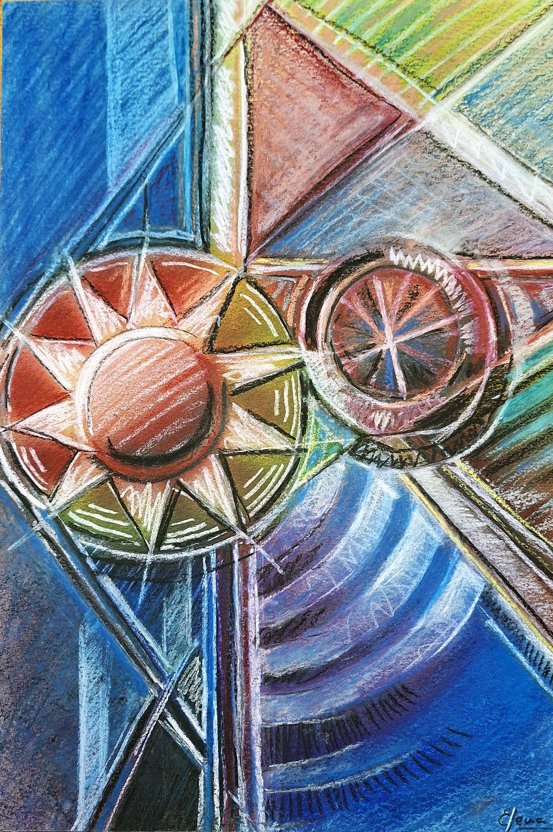 Una pintura de un sol y una brújula sobre un fondo azul.