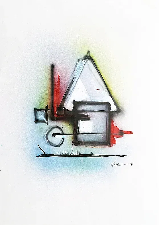Es un dibujo de una casa con techo triangular.