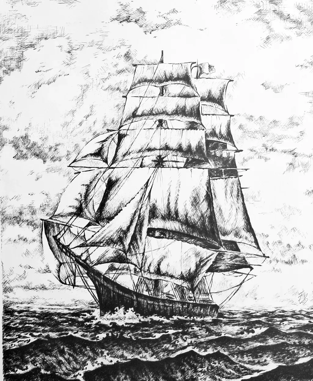 Un dibujo en blanco y negro de un velero en el océano.
