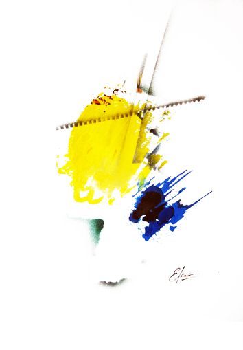 Una pintura de un objeto amarillo y azul sobre un fondo blanco