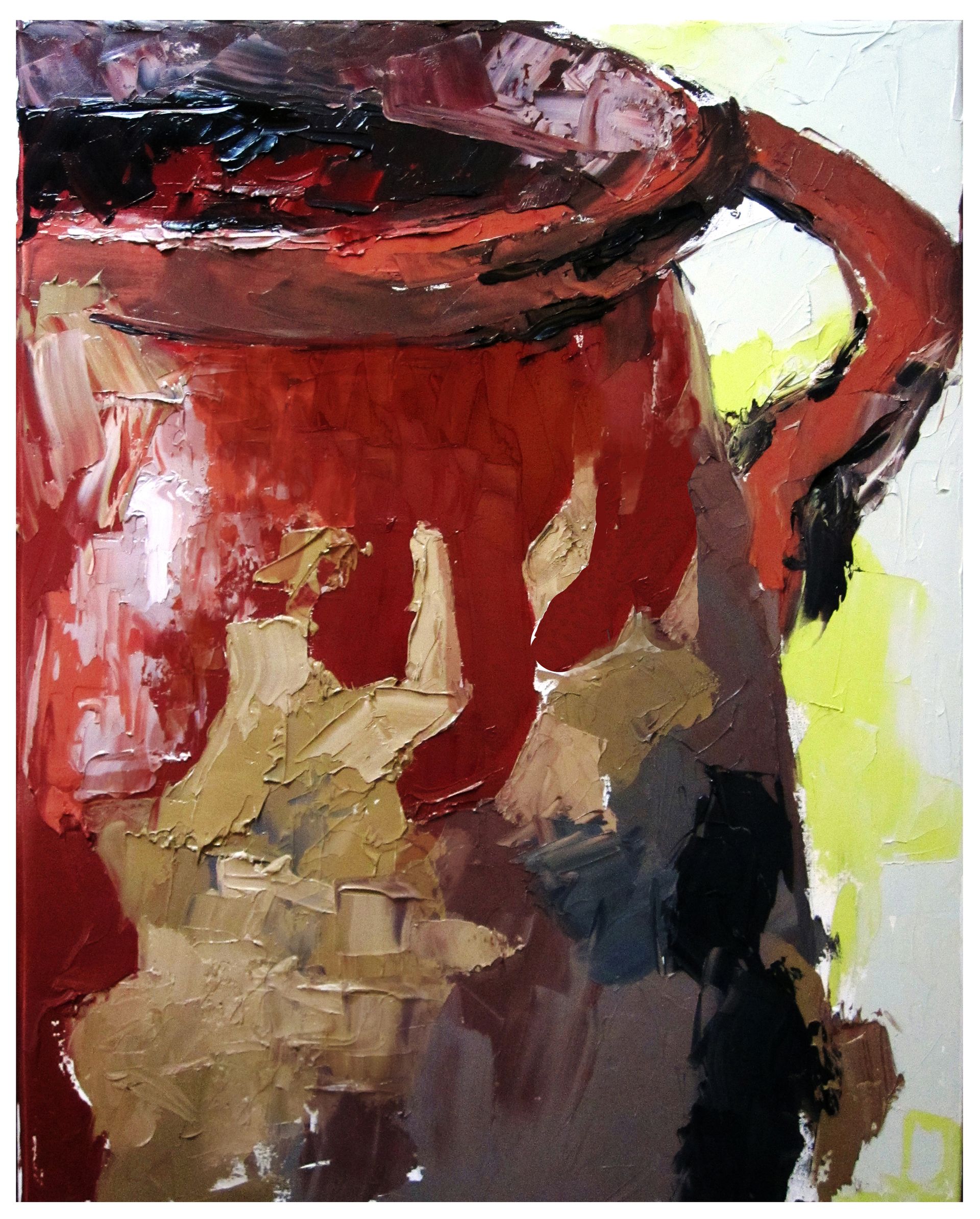 Una pintura de una maceta roja con un fondo amarillo.