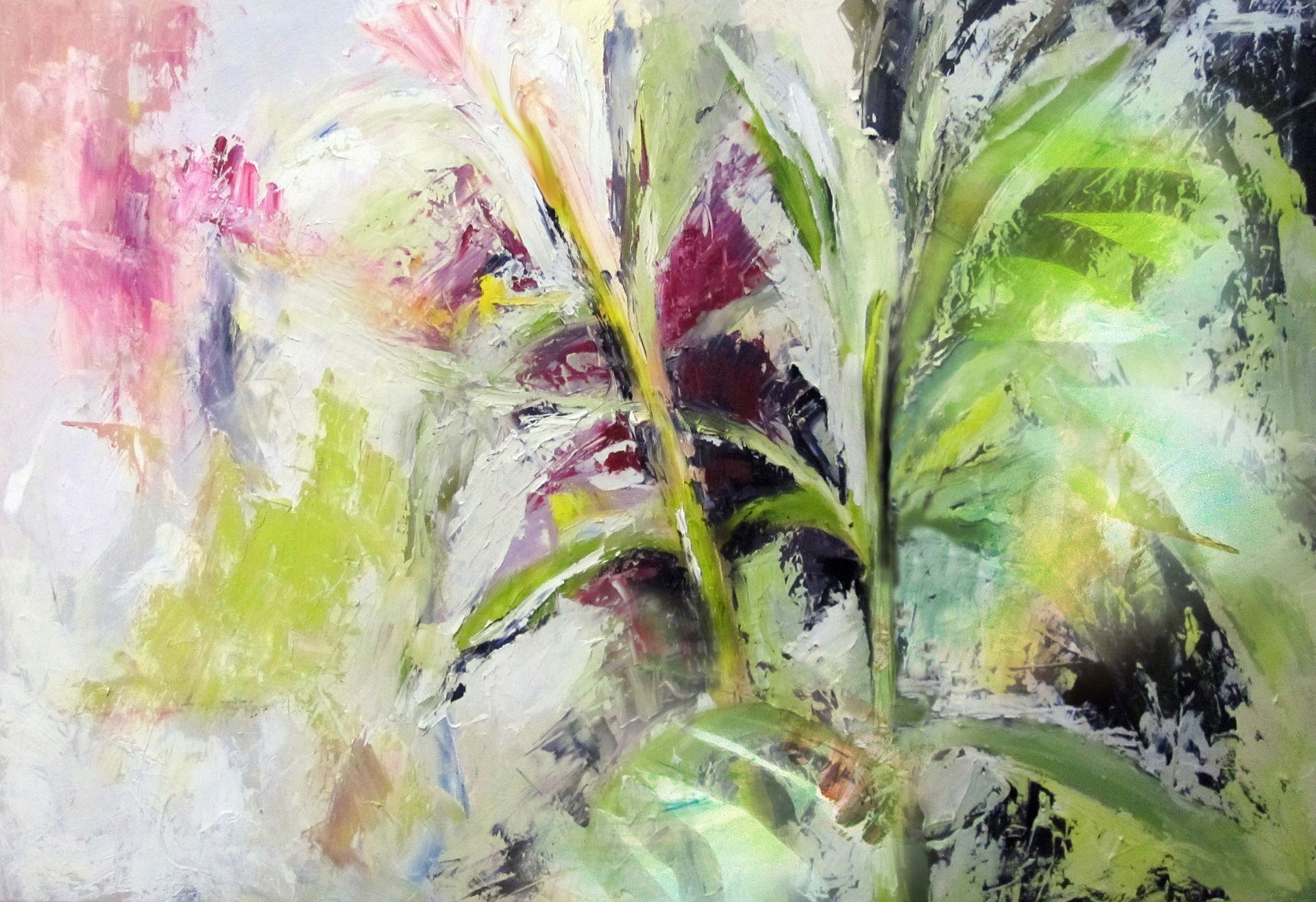 Un primer plano de una pintura de flores y hojas.