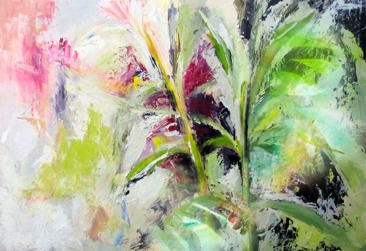 Pintura abstracta de una planta con hojas verdes y flores rosas y blancas; luminosa y brillante.