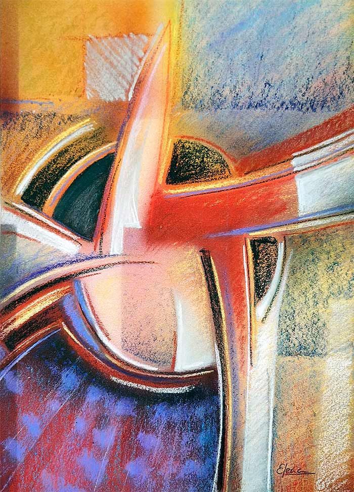 Arte abstracto en colores pastel con líneas y formas angulares, principalmente rojas y azules.