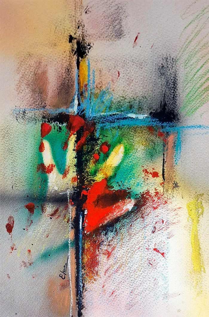 Obra de arte abstracta con líneas que se entrecruzan y salpicaduras de rojo, verde, azul, amarillo y negro.