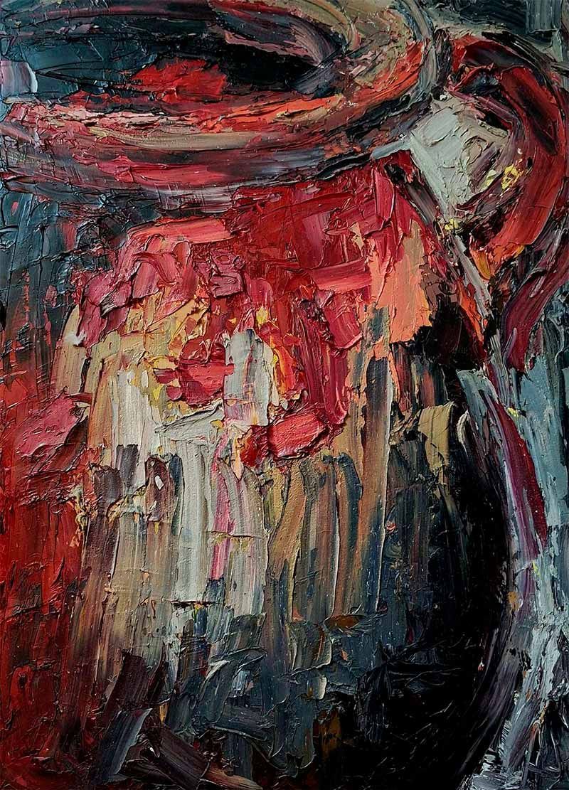 Pintura al óleo abstracta con pinceladas texturizadas; rojo, negro y gris.