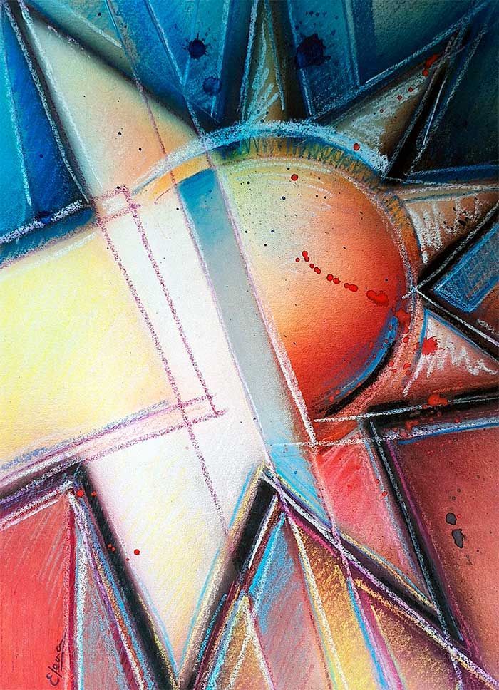 Arte abstracto con formas geométricas y una esfera central naranja, en tonos rojos, azules y amarillos.