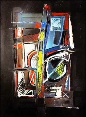 Obra de arte geométrica abstracta en rojo, azul, amarillo y negro.