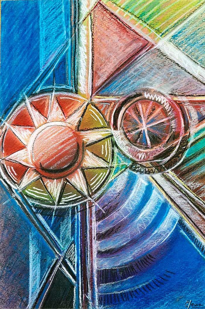 Obra de arte abstracta en tonos pastel con formas geométricas y círculos que recuerdan al sol en azules, rojos y verdes.