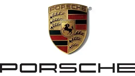 Logotipo de Porsche: escudo con caballo negro en el centro, detalles en dorado, rojo y negro, con 