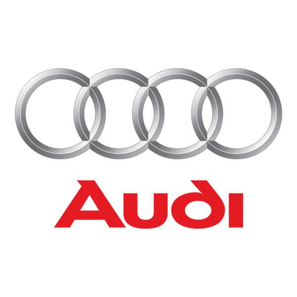 Logotipo de Audi: cuatro anillos plateados entrelazados sobre la palabra roja 
