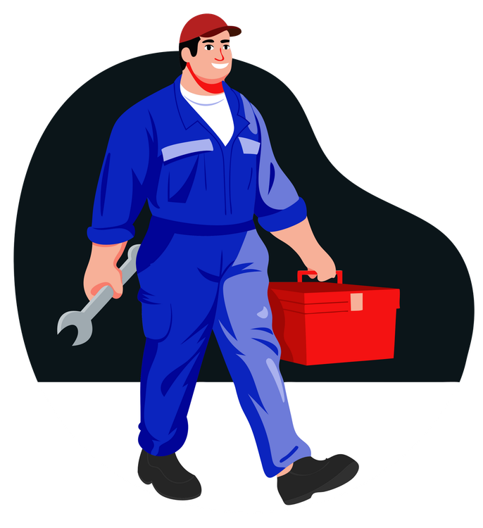 Un réparateur en bleu de travail avec une boîte en métal rouge