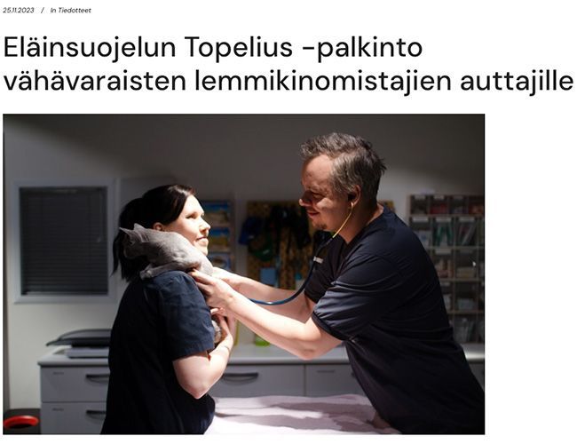 Eläinsuojelun Topelius -palkinto vähävaraisten lemmikinomistajien auttajille