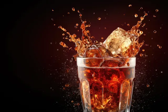 Un vaso de cola con cubitos de hielo salpicando de él.